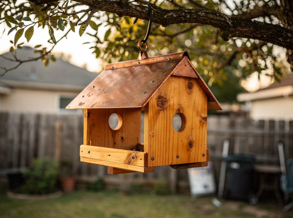 Cedar bird feeder with a copper roof hanging from a tree branch