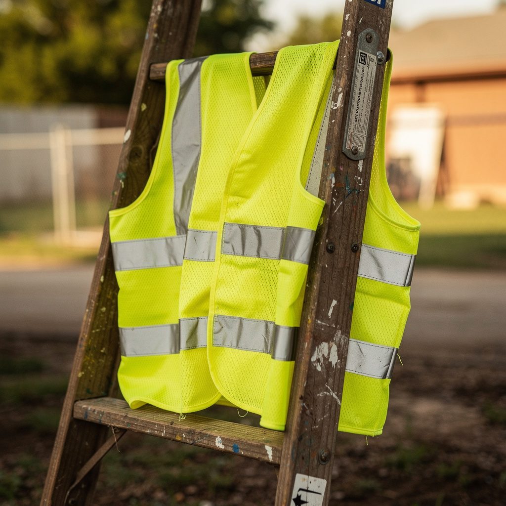 Hi-vis mesh work vest with reflective bands hanging on a ladder