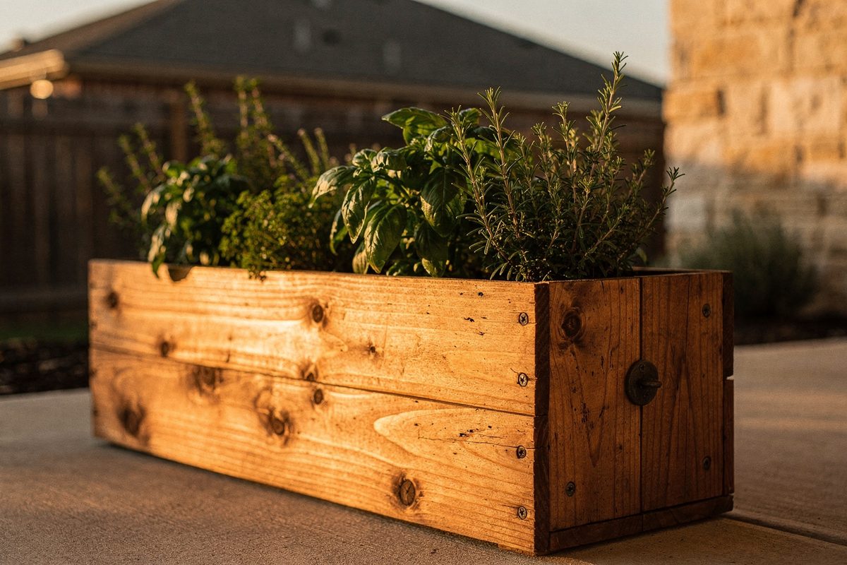 Cedar planter box on a patio with herbs growing inside