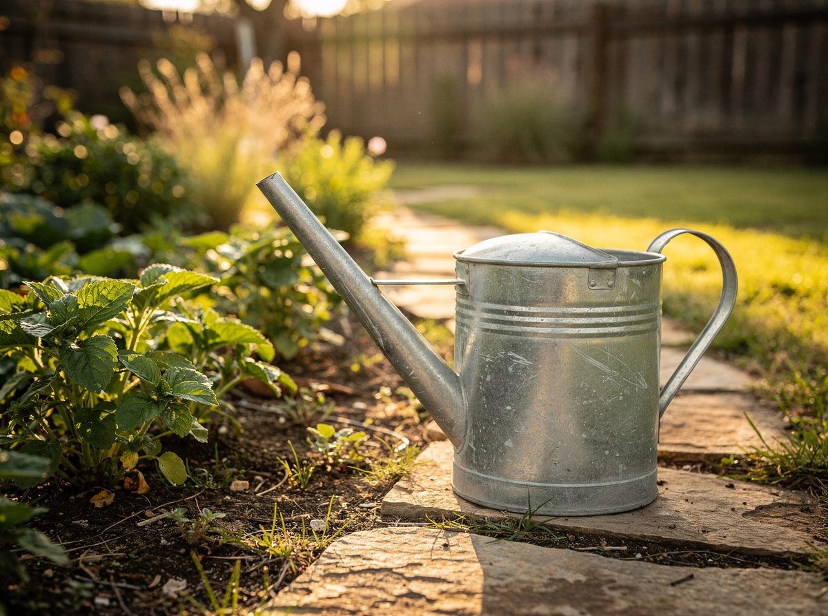 Galvanized steel watering can with a long spout on a garden path