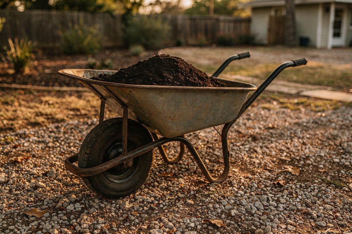 Steel tray wheelbarrow loaded with soil on a gravel yard path